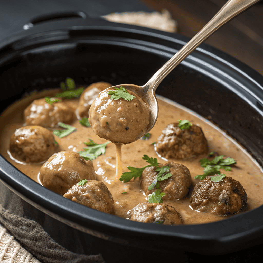 Swedish meatballs cooking in a crockpot with creamy brown gravy and fresh parsley garnish