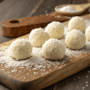 Close-up hero shot of sweetened condensed milk snowballs coated in coconut with a soft snowy texture on a wooden board.