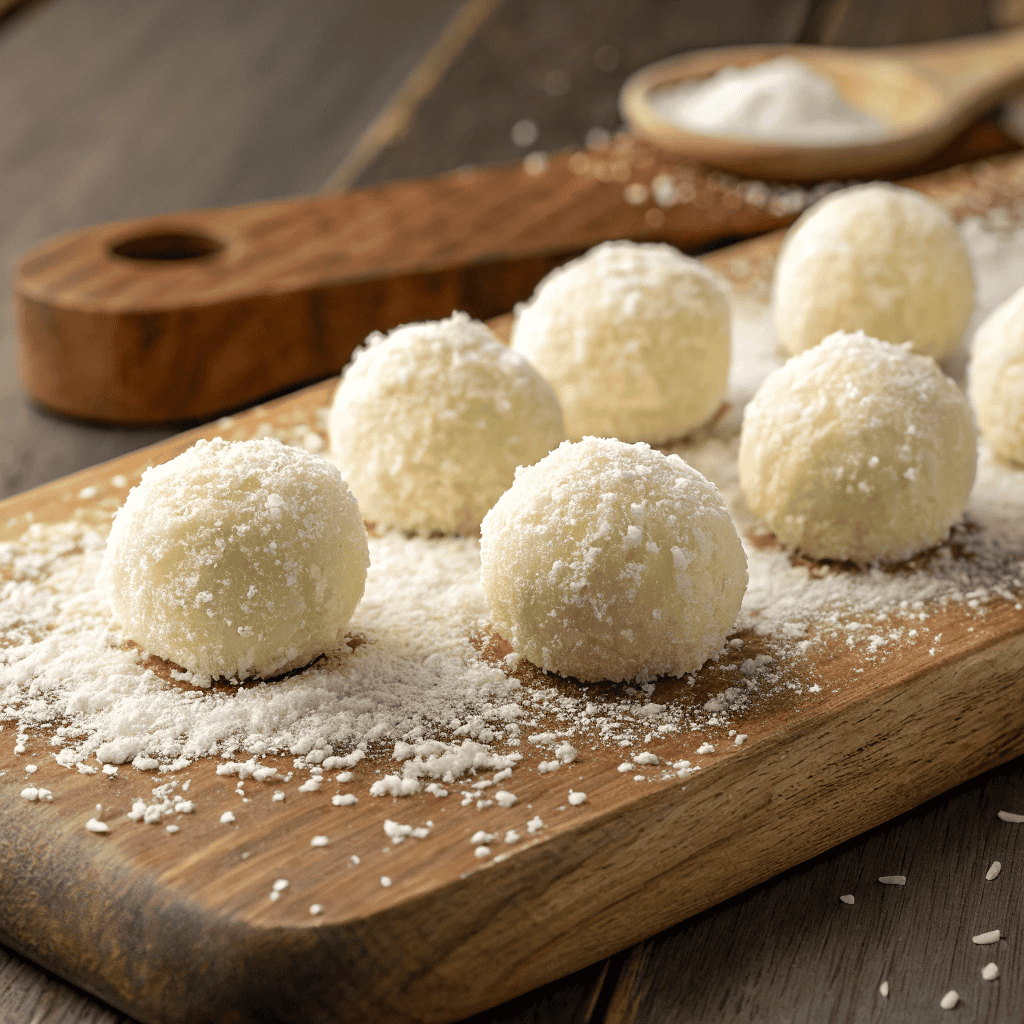Sweetened Condensed Milk Snowballs Recipe 4 Close-up hero shot of sweetened condensed milk snowballs coated in coconut with a soft snowy texture on a wooden board.