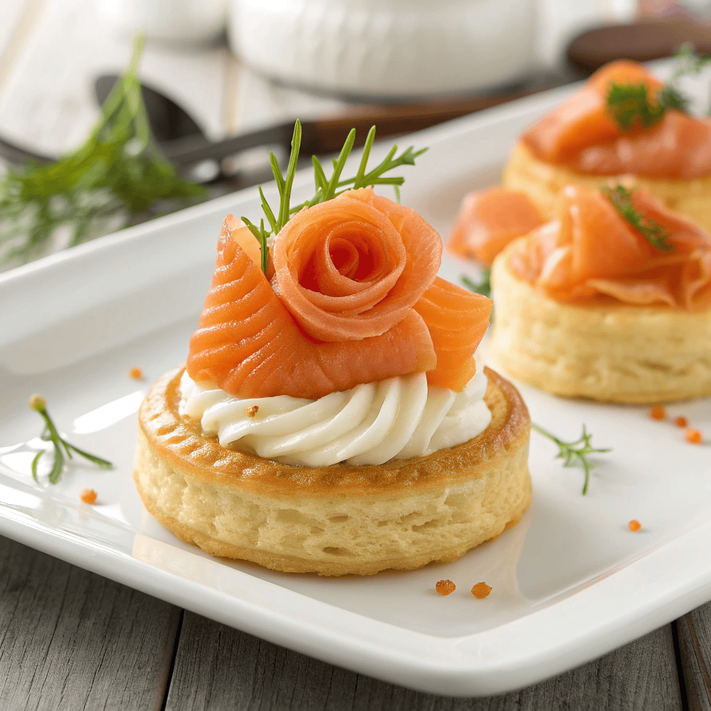Hero shot of smoked salmon pastry bite with cream cheese, chives, and flaky golden puff pastry.