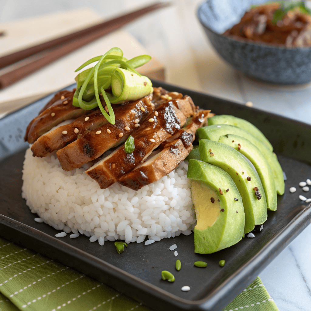 Teriyaki chicken avocado rice with glazed chicken, white rice, and green onions on a dark plate