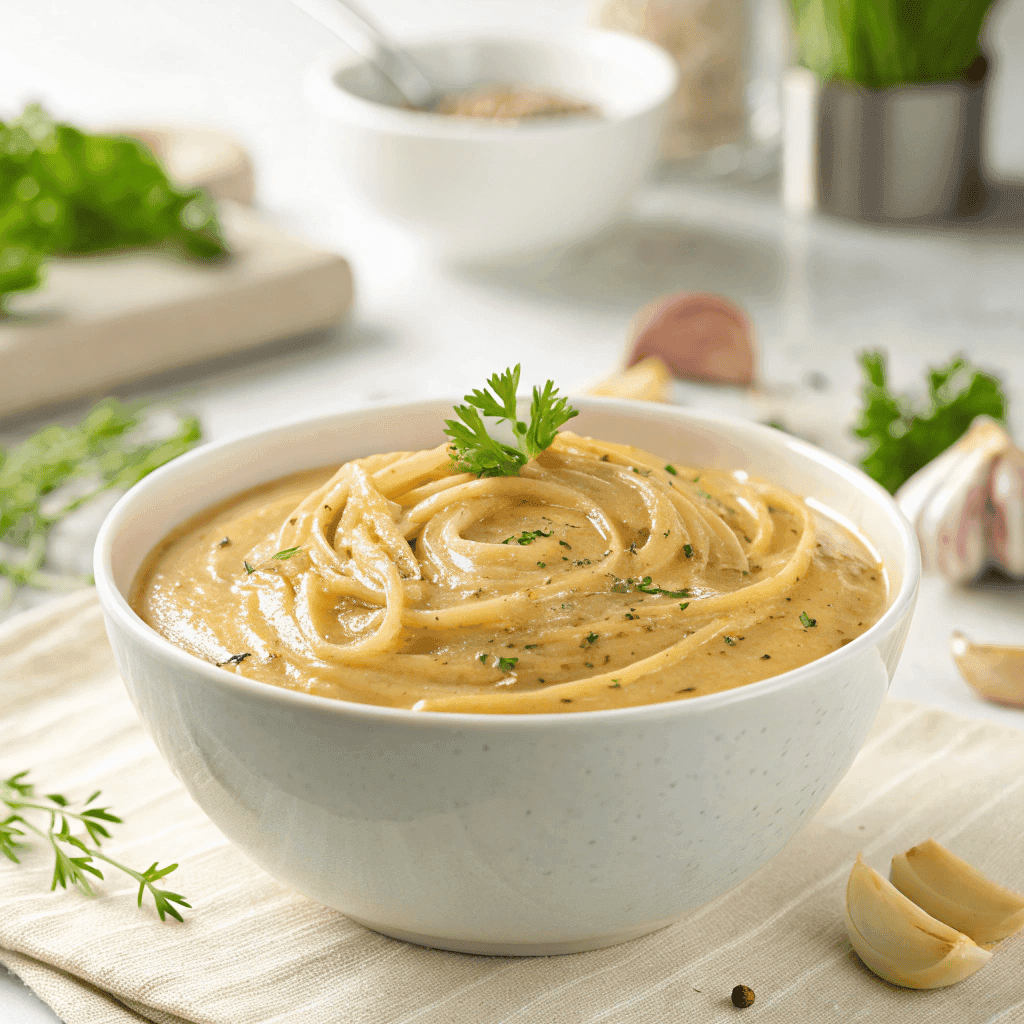 Cajun Alfredo sauce with paprika and pepper flecks served in a white bowl