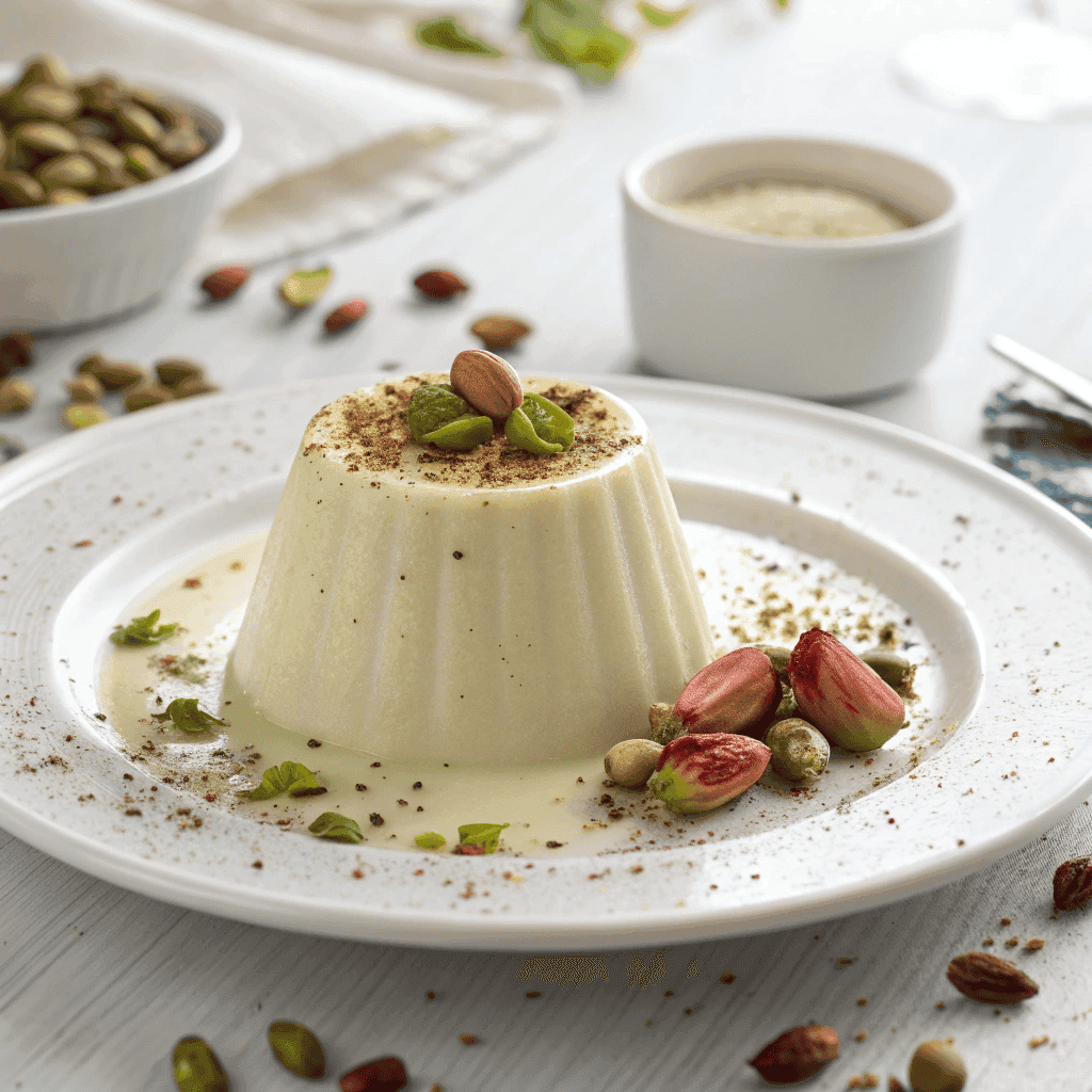 Minimalist cardamom panna cotta with pistachios and rosebuds on a white plate