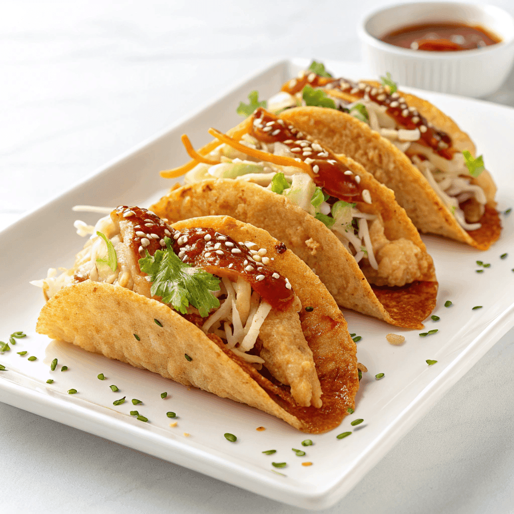 Chicken wonton tacos isolated on white background with crispy shells, shredded chicken, cabbage, sesame seeds, and sweet chili sauce.