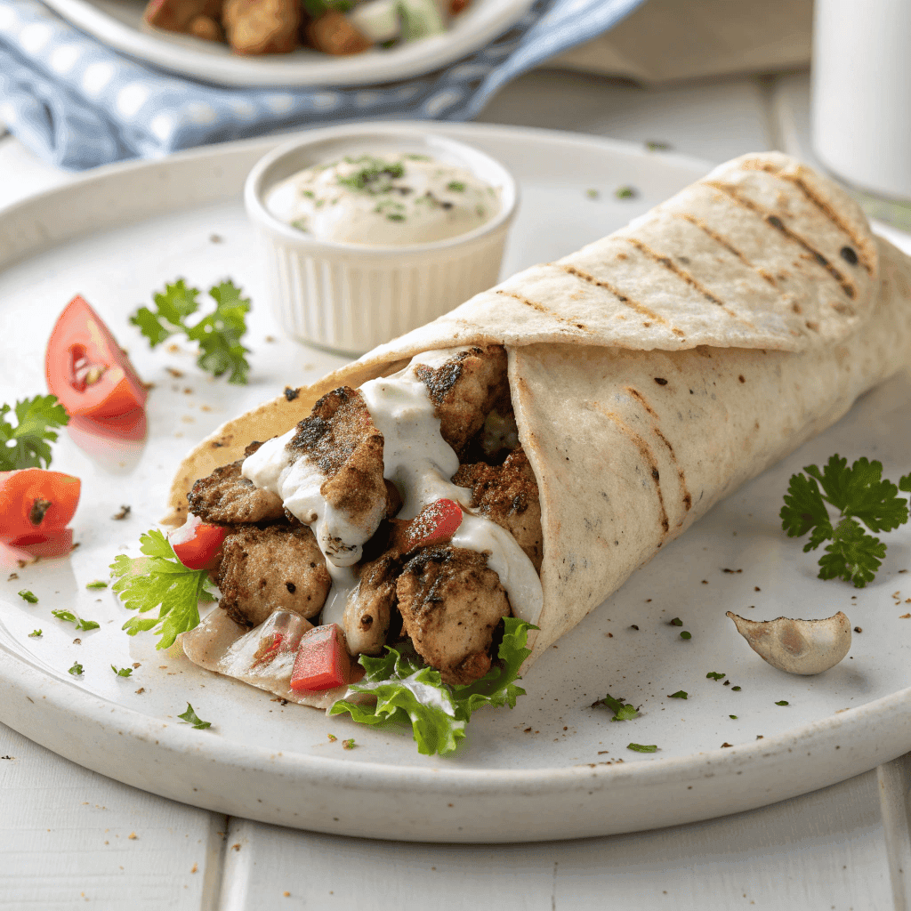 Chicken shawarma wrap with garlic sauce served on a white plate