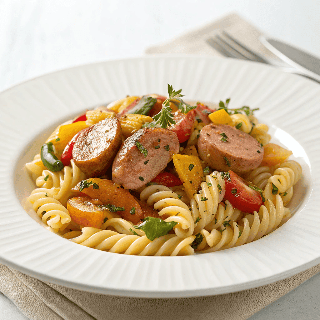 Chicken sausage pasta with fusilli and vegetables served on a white plate