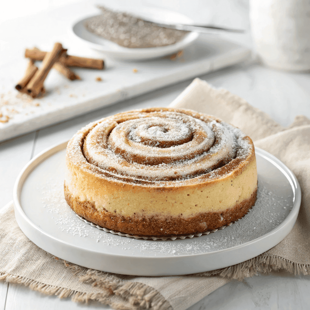 Cinnamon roll honeybun cheesecake served on a white plate with powdered sugar