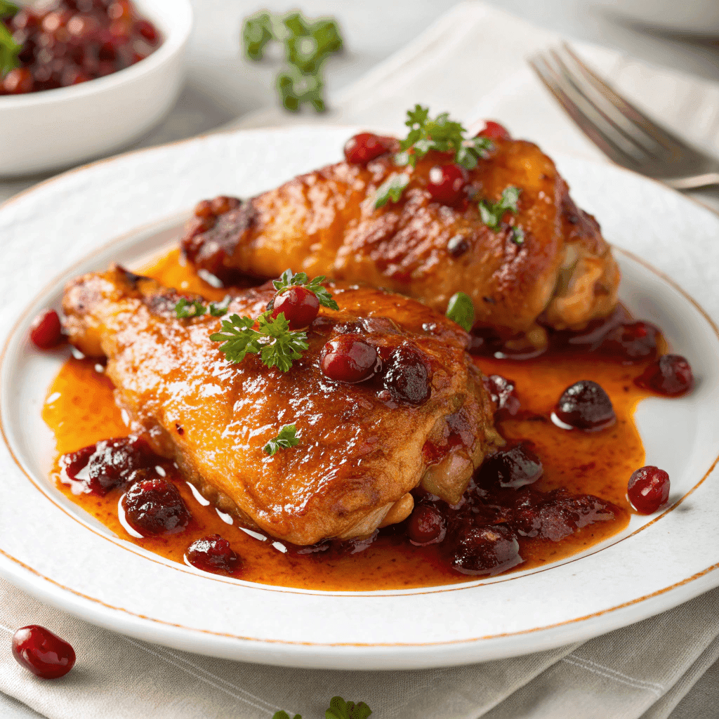 Chicken thighs with cranberry orange glaze served on a white plate
