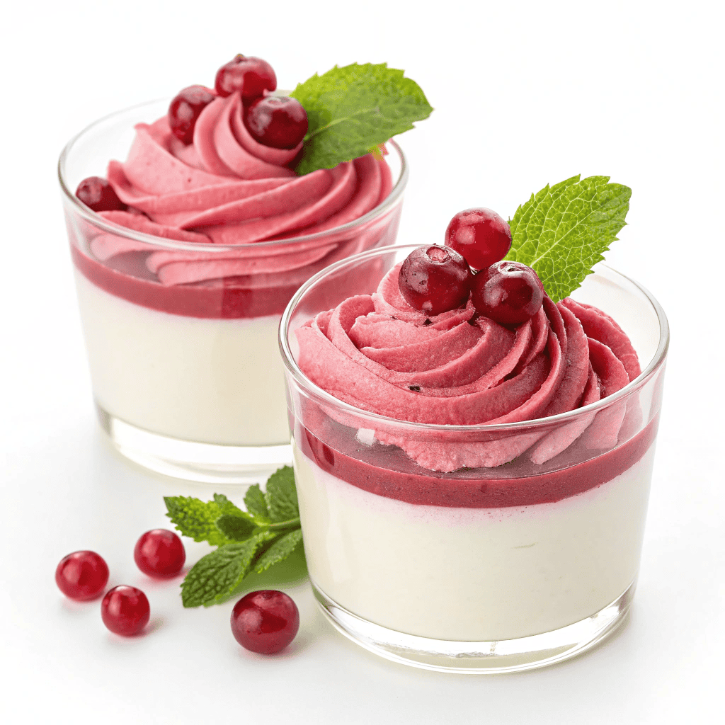 Best Creamy Cranberry Mousse Cups : easy to make ahead for holidays! 1 Cranberry mousse cups isolated on white background showing layered cream and pink mousse with cranberries and mint.