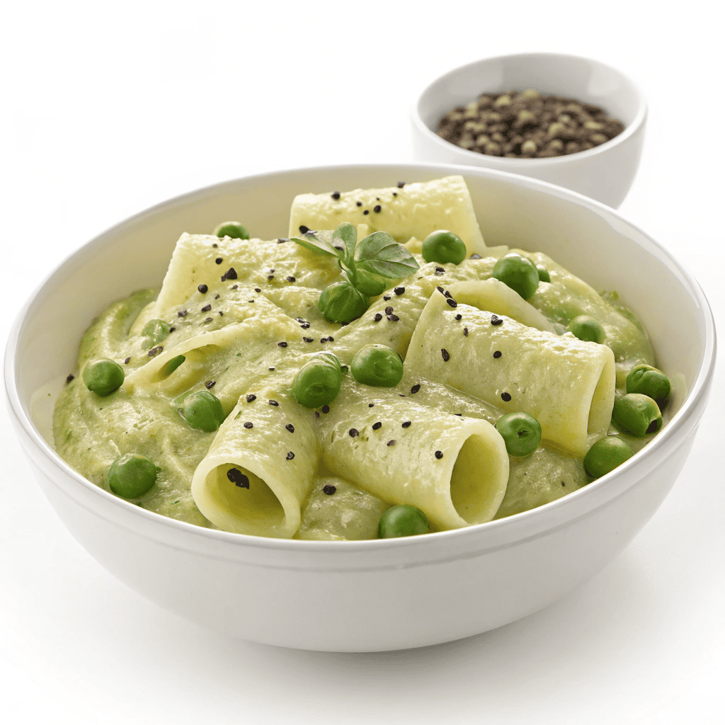 Creamy pea pasta isolated on white background showing green sauce-coated tubular pasta and whole peas.