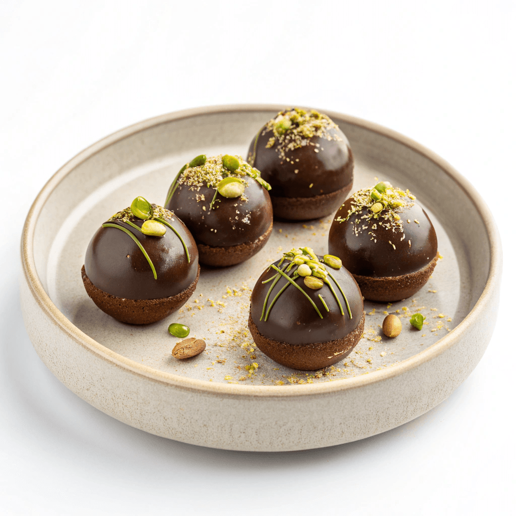 Dubai chocolate balls isolated on white background with dark chocolate coating, kataifi pastry wrap, and pistachio topping.
