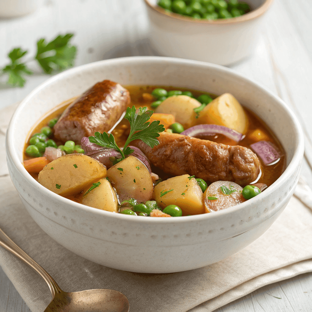 Irish Dublin coddle stew served in a white bowl with sausages and potatoes