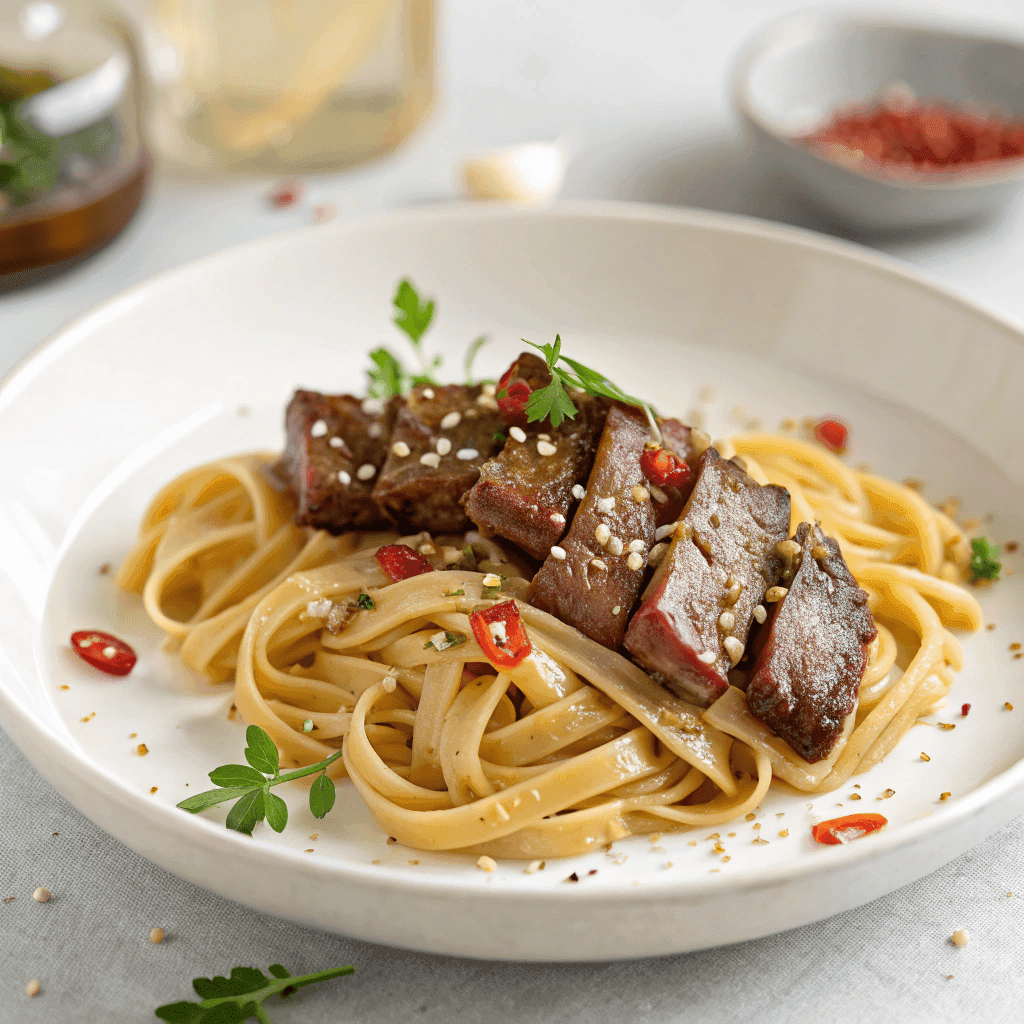 Garlic steak pasta with seared beef and buttery noodles served on a white plate