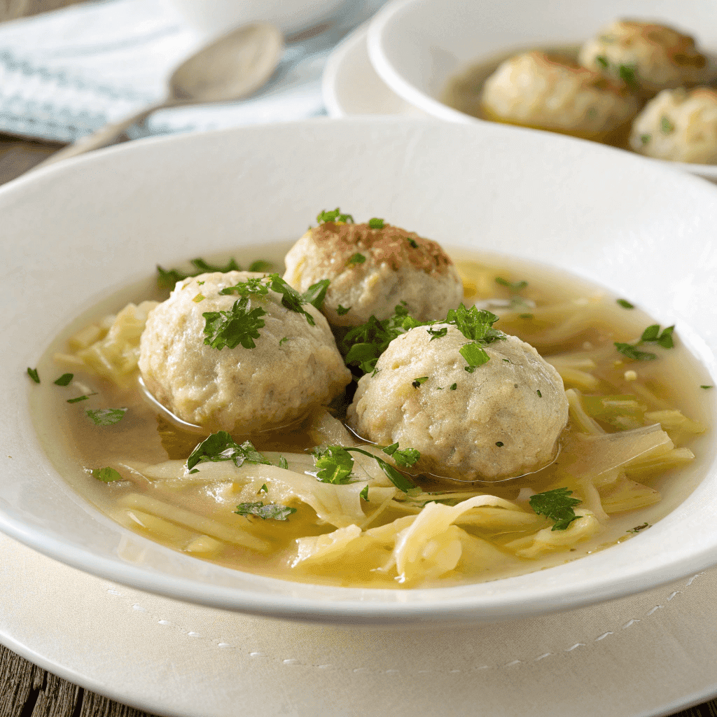 Bread dumplings with braised cabbage and light broth served in a white bowl