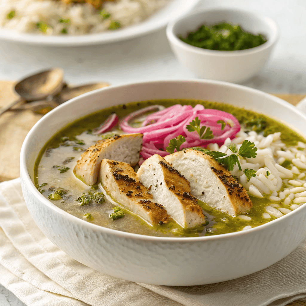 Herb chicken and rice soup served in a white bowl
