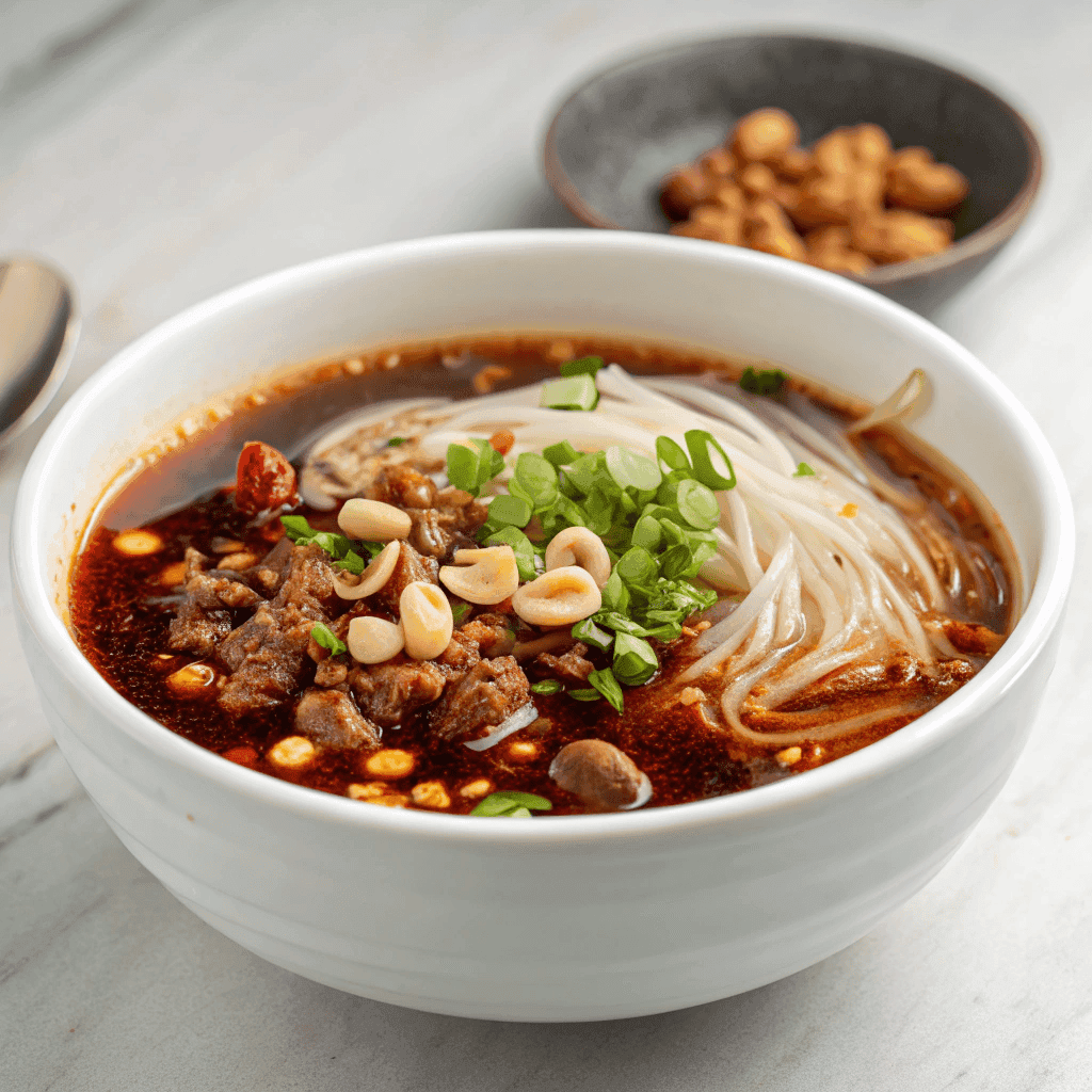 Spicy hot and sour noodle soup served in a white bowl