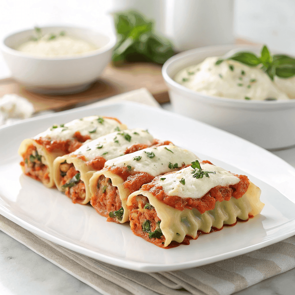 Lasagna rolls with creamy filling and melted cheese served on a white plate