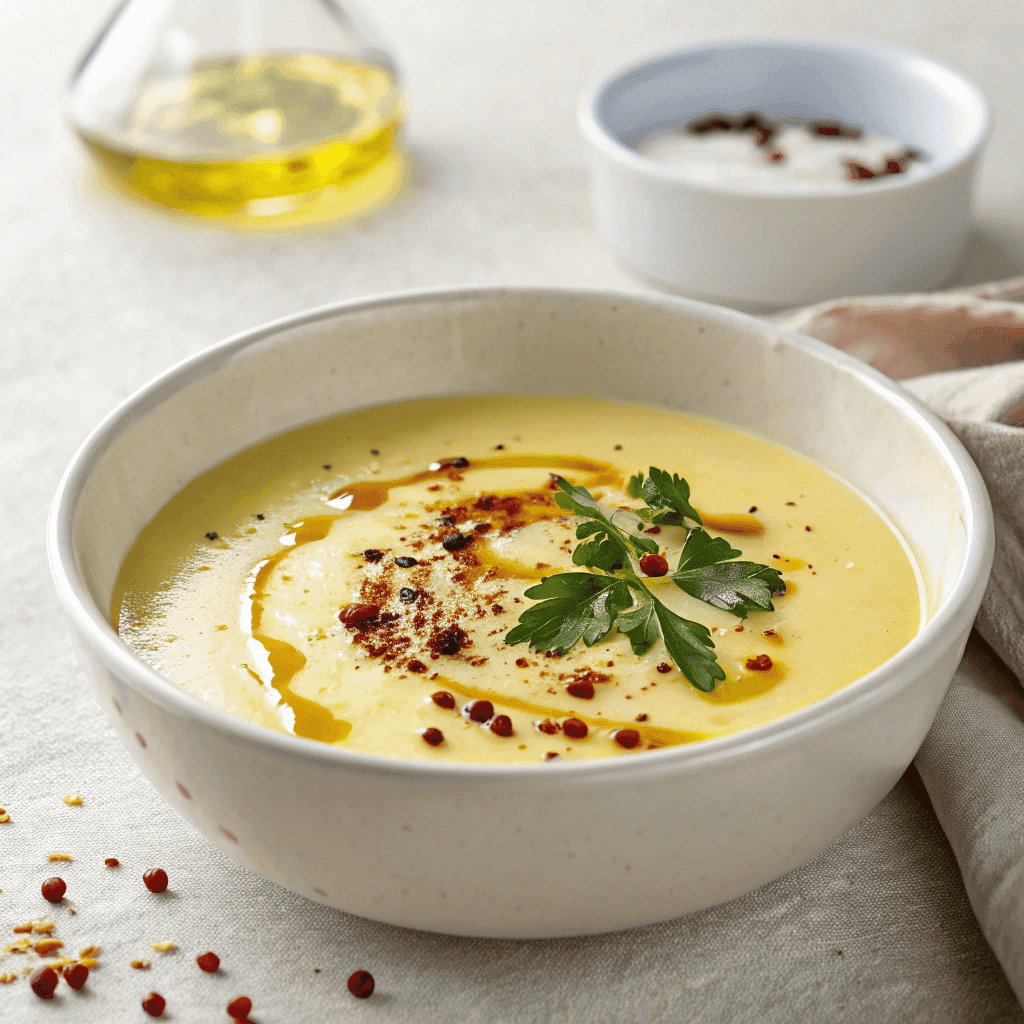 Lebanese lemon lentil soup with olive oil and chili flakes served in a white bowl