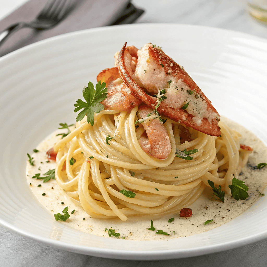Lobster bucatini pasta served simply on a white plate with creamy sauce and parsley