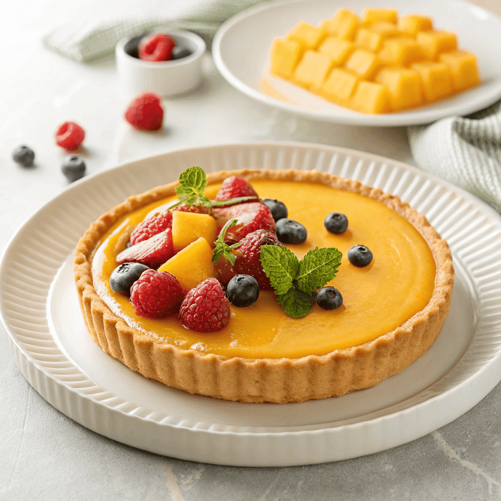 Mango curd tart with fresh fruit served on a white plate