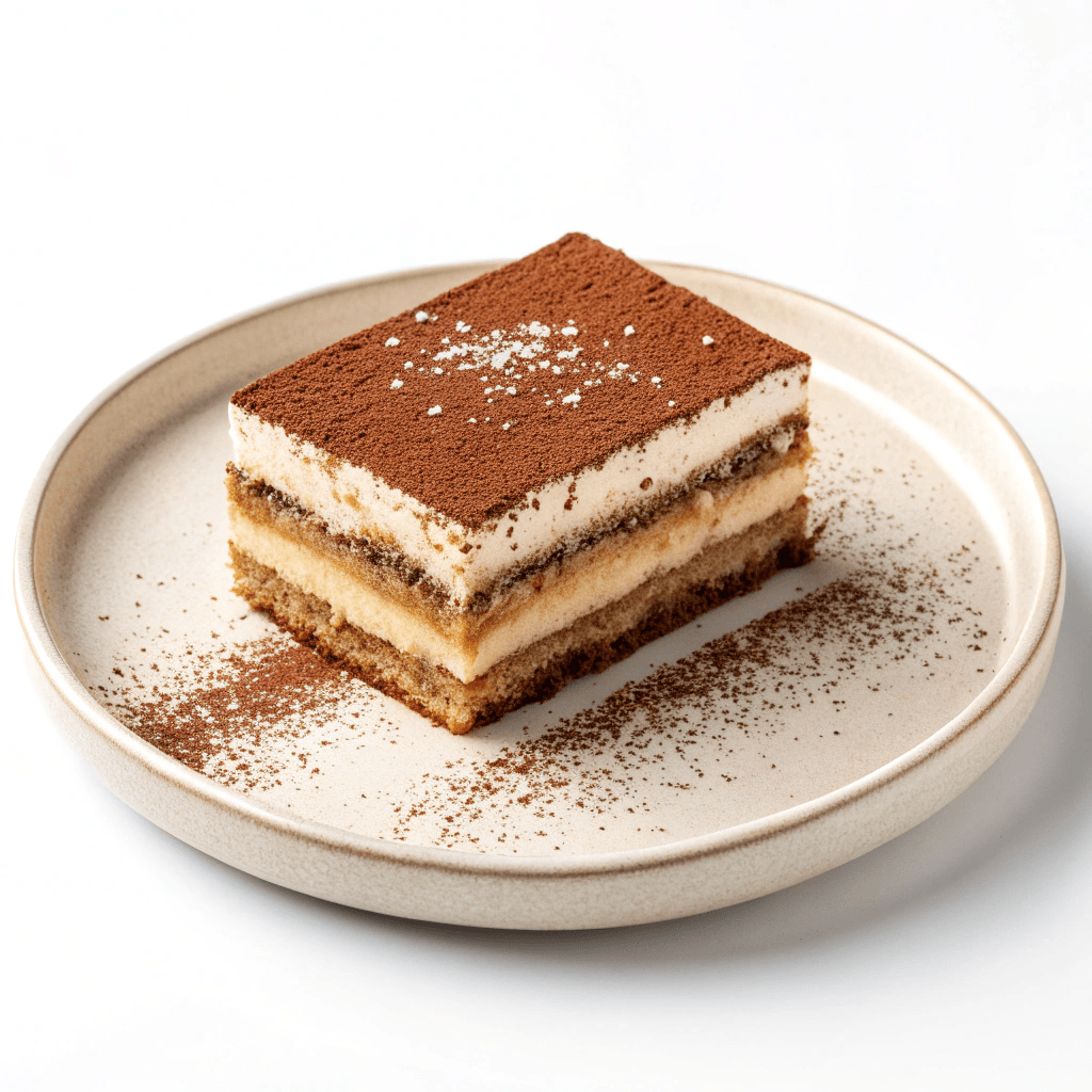 Millionaire’s tiramisu isolated on white background with cocoa dusting, caramel center, chocolate and mascarpone layers.