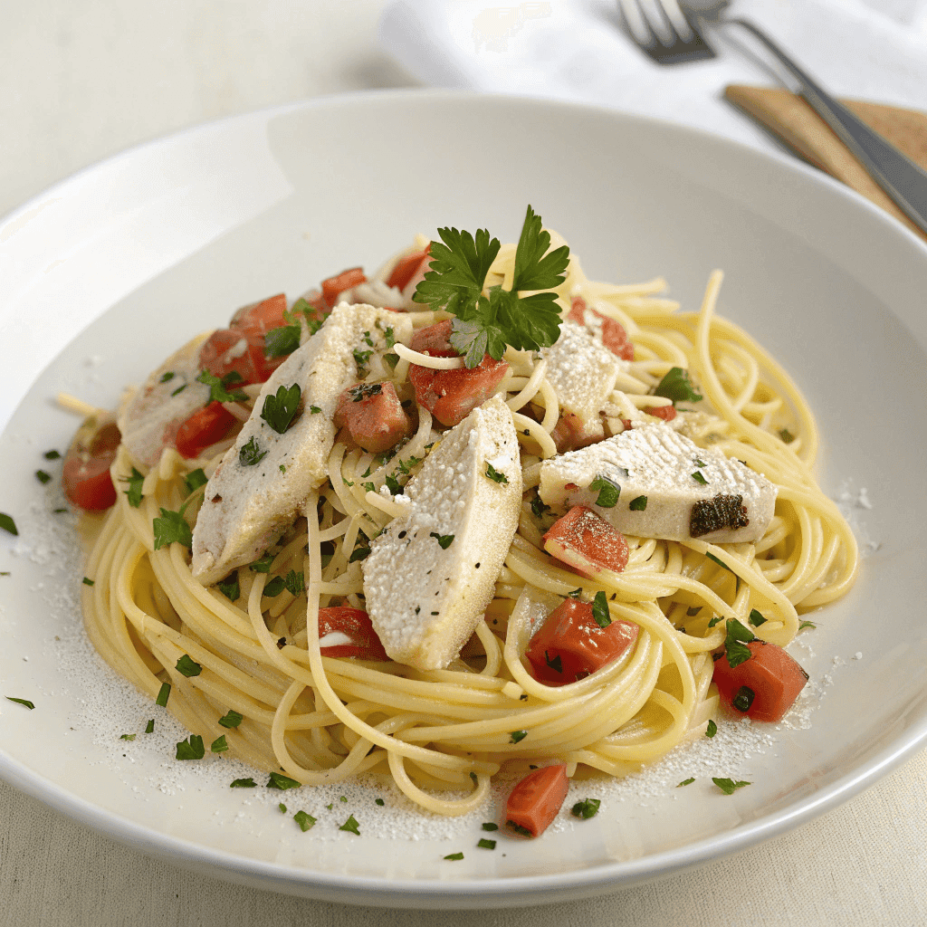 Chicken spaghetti with garlic oil sauce and parsley served on a white plate
