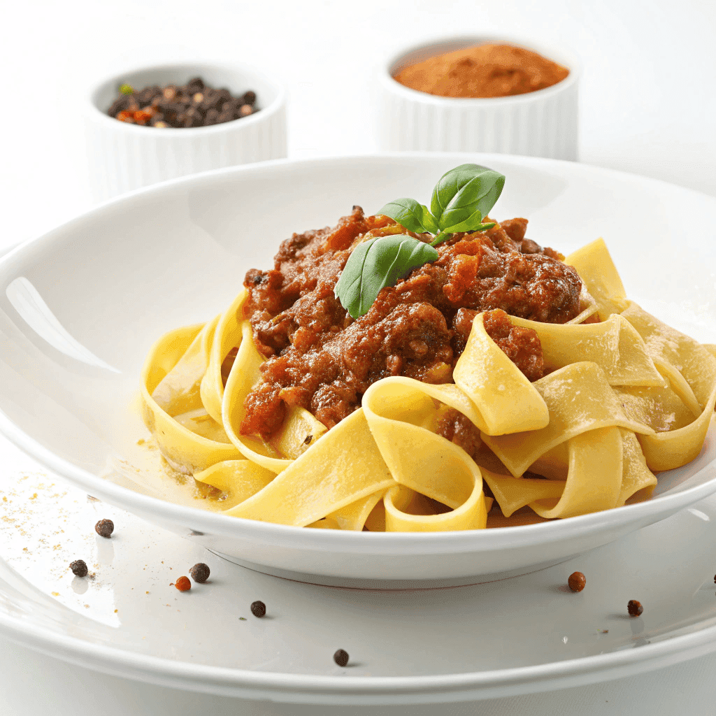 Pappardelle pasta with chunky beef bolognese sauce served on a clean white plate