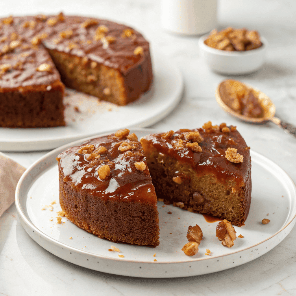 Persian date cake with caramel date glaze served on a white plate