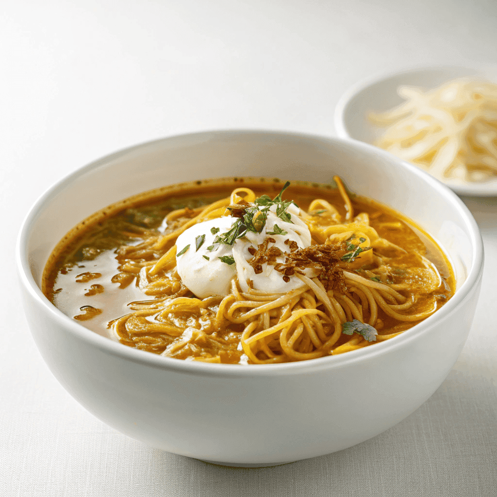 Persian noodle soup with herbs, yogurt swirl, and fried onions served in a white bowl