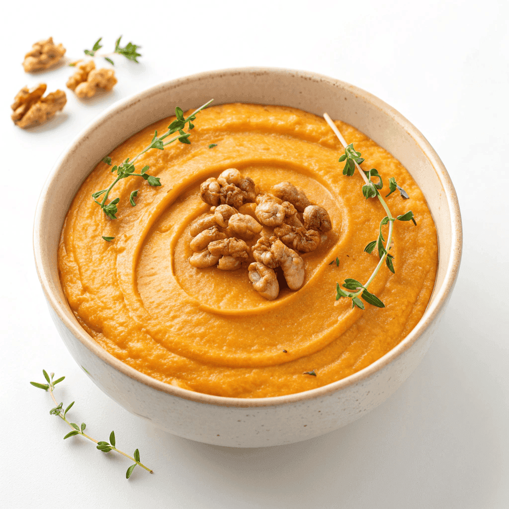 Pumpkin whipped feta dip isolated on white background with smooth swirl texture, walnuts, and thyme garnish.
