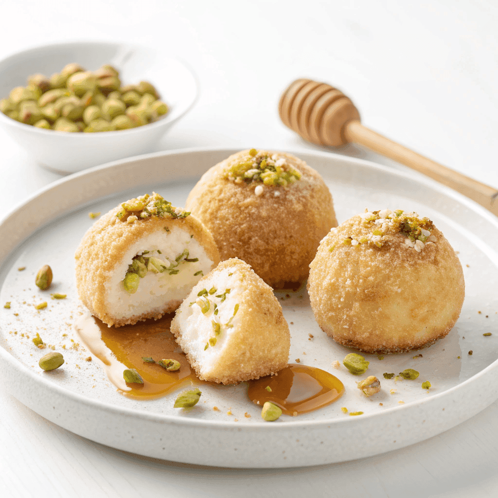 Ricotta pistachio honey bites isolated on white background with golden crust, creamy filling, and honey drizzle.
