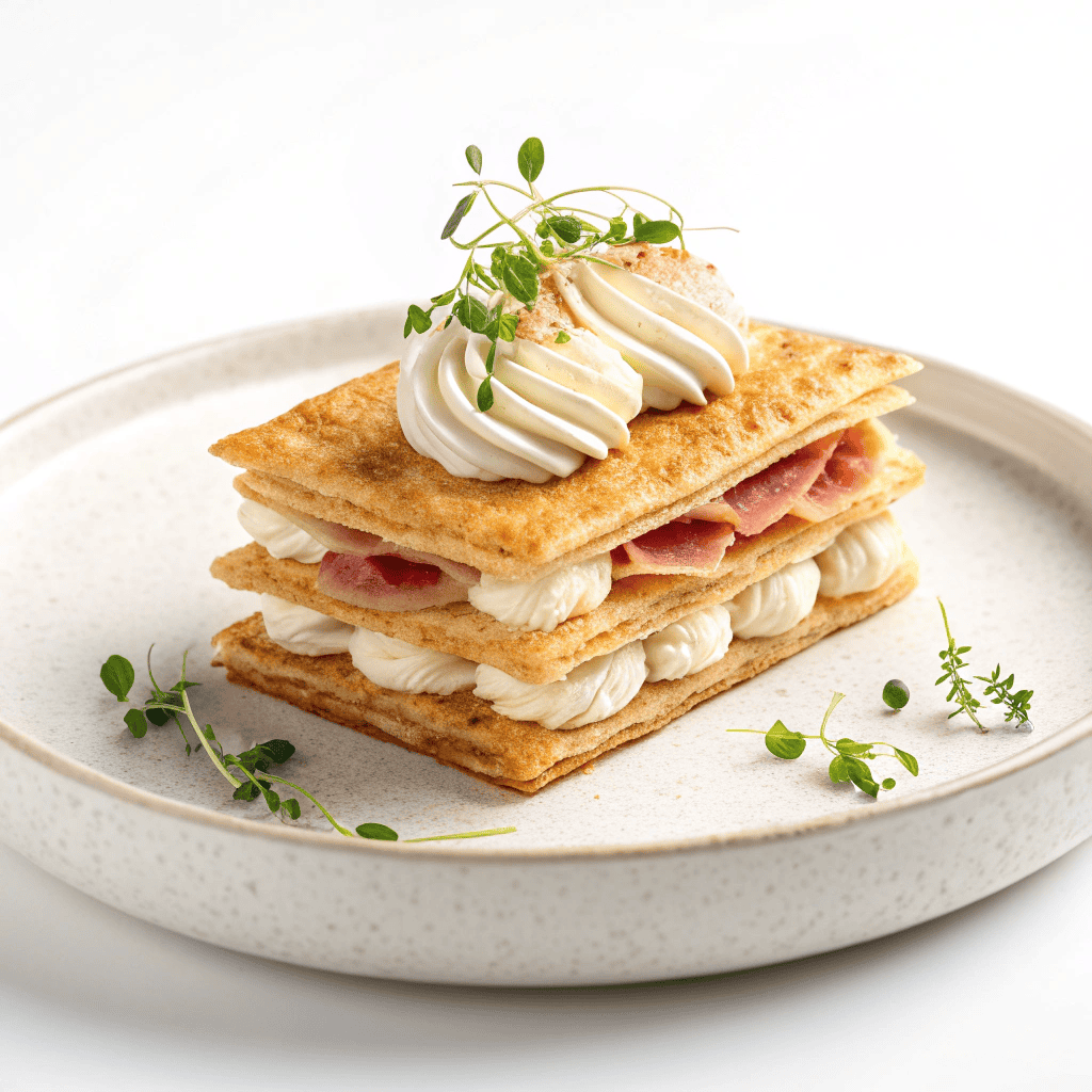 Best Savory Ricotta Mille-Feuille with Lemon & Thyme 1 Savory mille-feuille isolated on white background with flaky pastry layers, piped cream, cured ham, and microgreens.