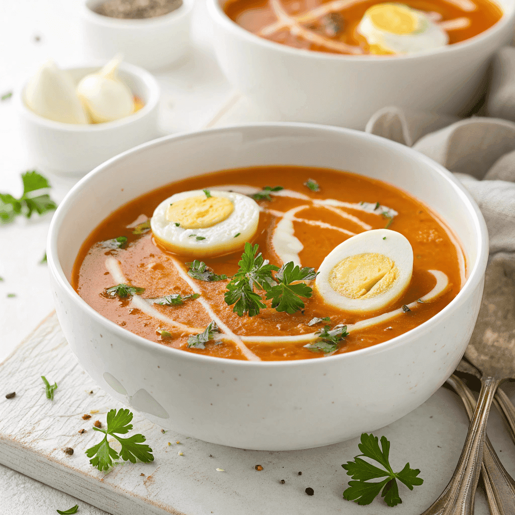 Spanish garlic soup with egg ribbons and parsley served in a white bowl