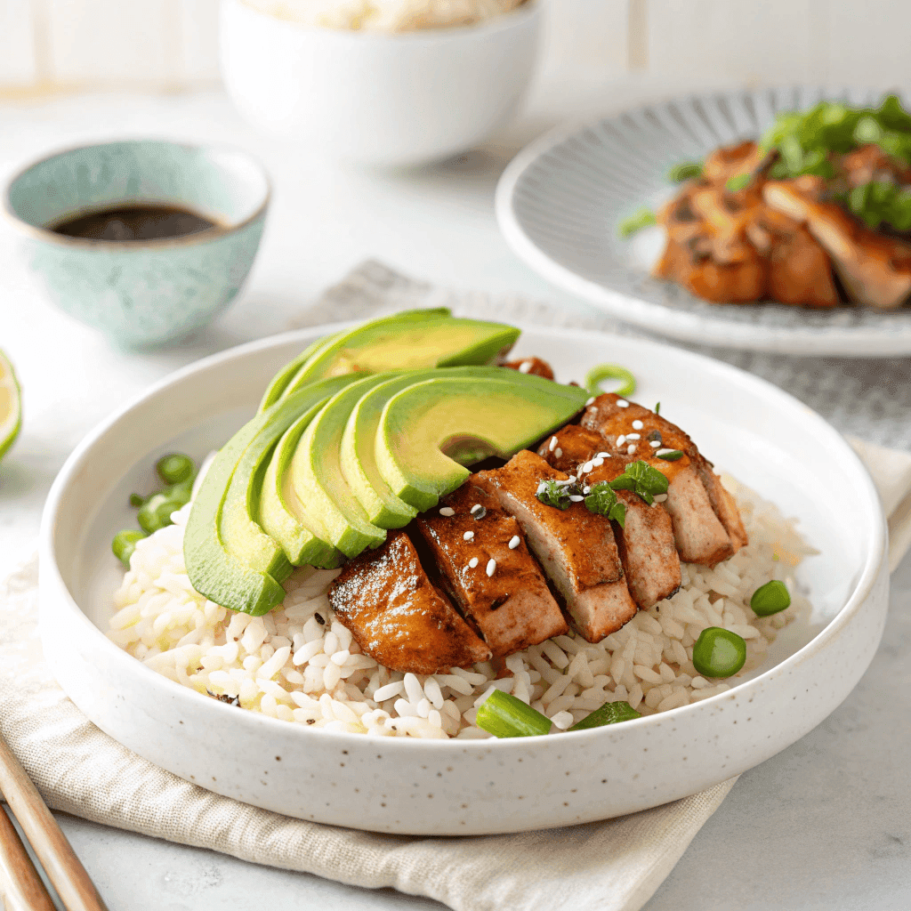 Teriyaki chicken avocado rice stacked neatly on a white plate with glossy sauce