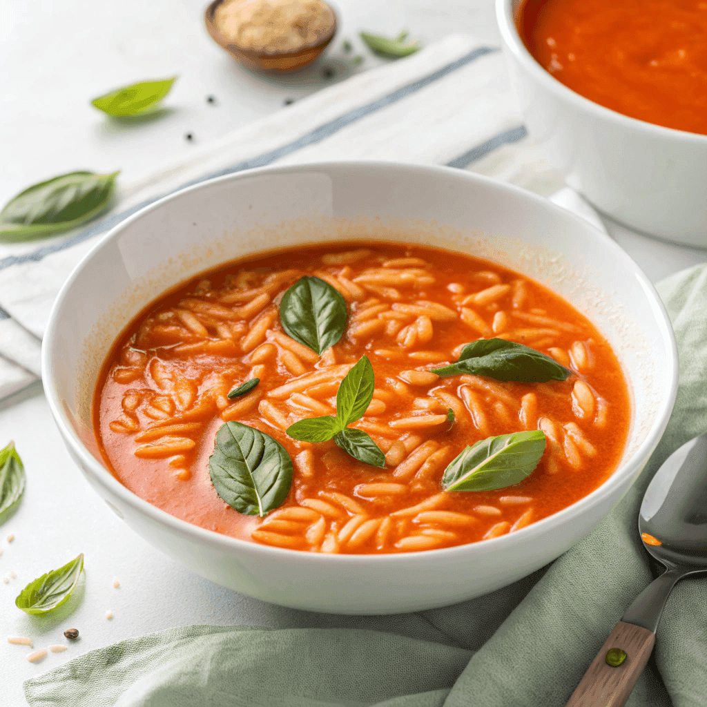 Easy Tomato Orzo Soup – Creamy, Comforting, and Easy to Make 1 Creamy tomato orzo soup served simply in a white bowl