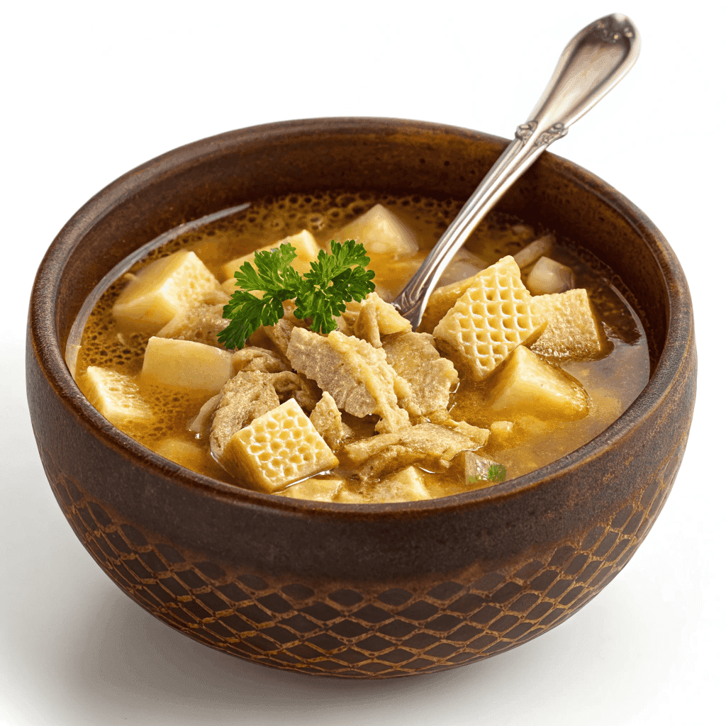 Traditional tripe soup isolated on white background showing golden broth, tripe pieces, potatoes, parsley, and rustic bowl.