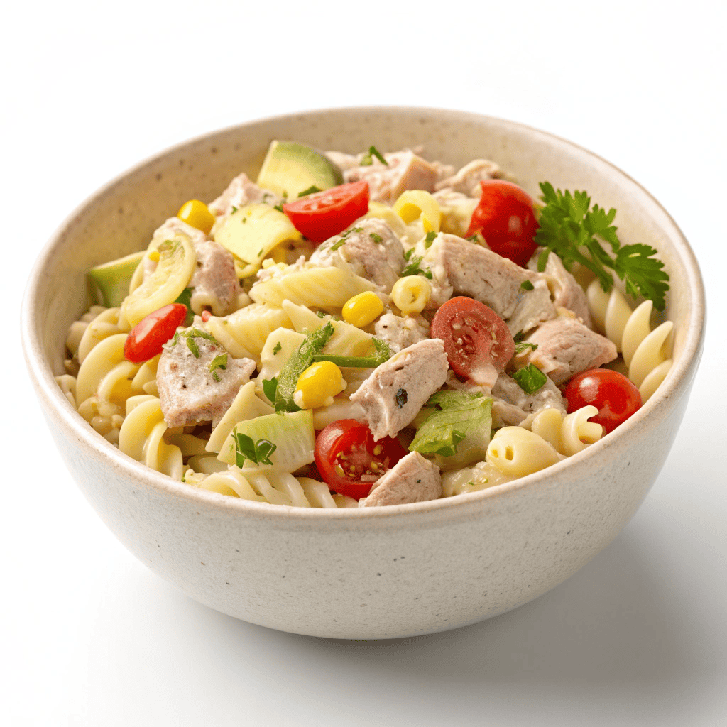 Tuna pasta salad isolated on white background with shell pasta, tuna, avocado, corn, tomatoes, and creamy dressing. 