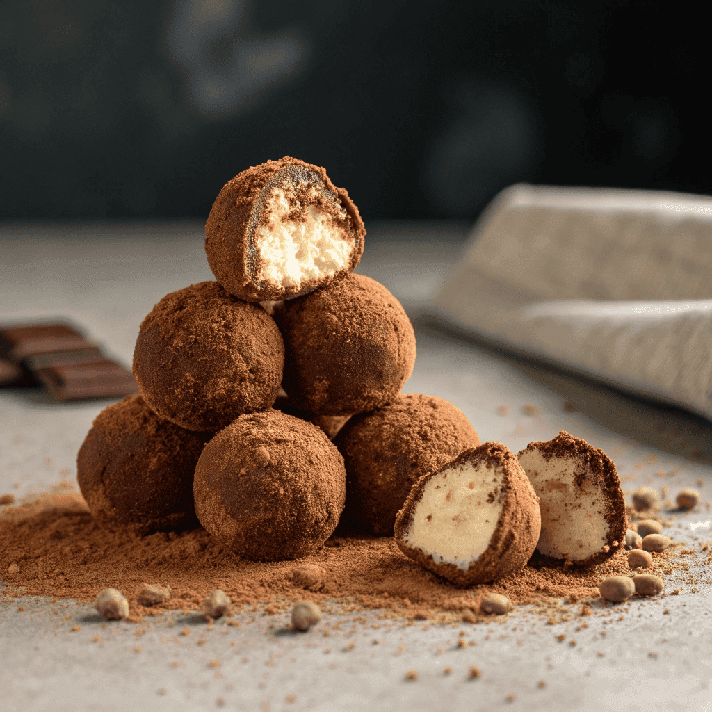 Hero shot of cocoa-dusted tiramisu balls stacked with one cut open showing a creamy crumb interior.