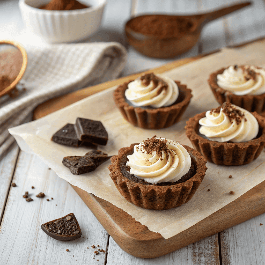 Tiramisu cookie cups with mascarpone cream and cocoa powder on parchment paper