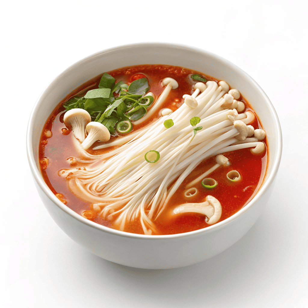 Minimalist white bowl filled with tomato enoki mushroom soup showing red broth, chili oil droplets, and intact enoki mushrooms.