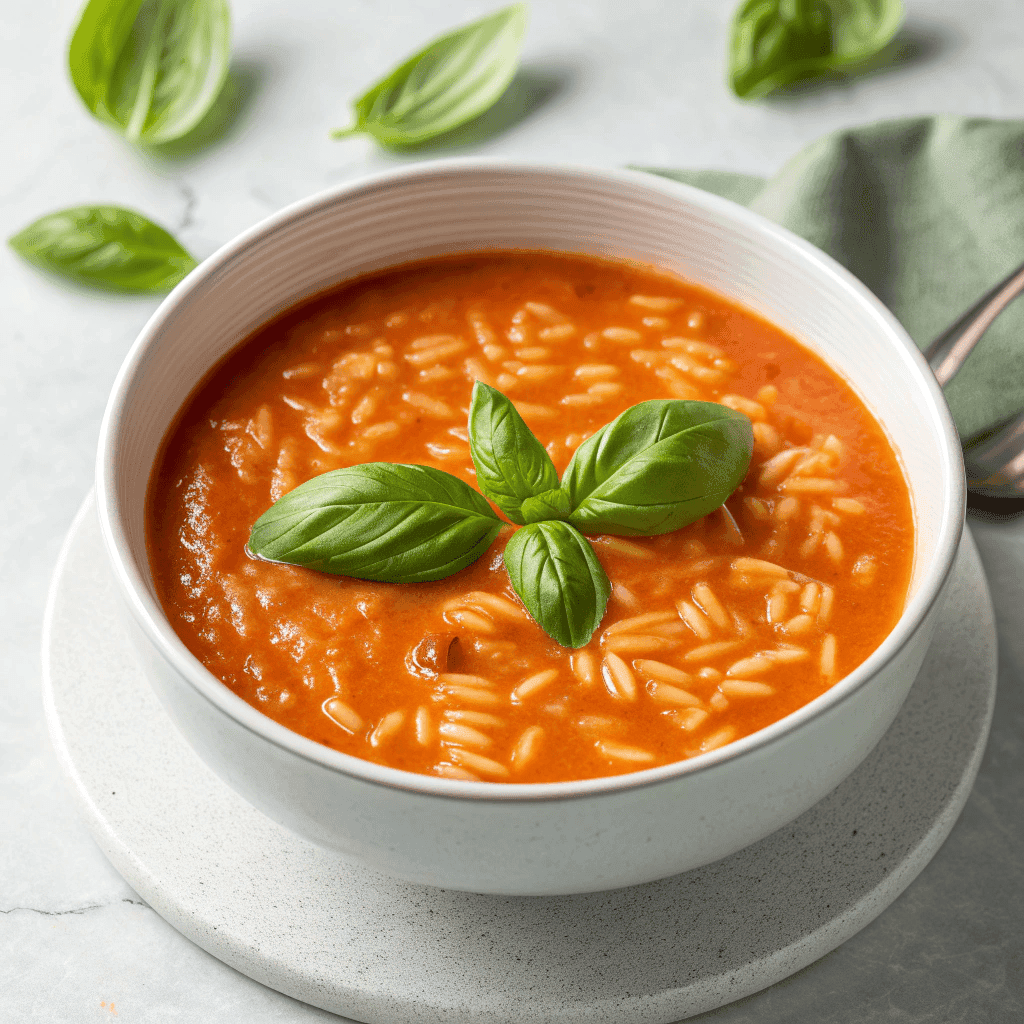 Easy Tomato Orzo Soup – Creamy, Comforting, and Easy to Make 4 Tomato orzo soup with basil leaves in a white bowl viewed from above