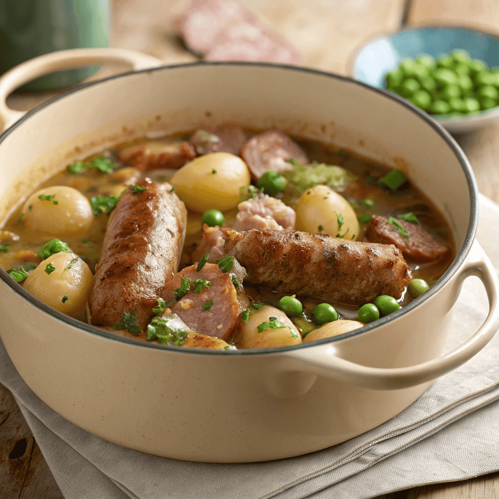 Dublin coddle stew with sausages, potatoes, onions, and peas in a rustic pot