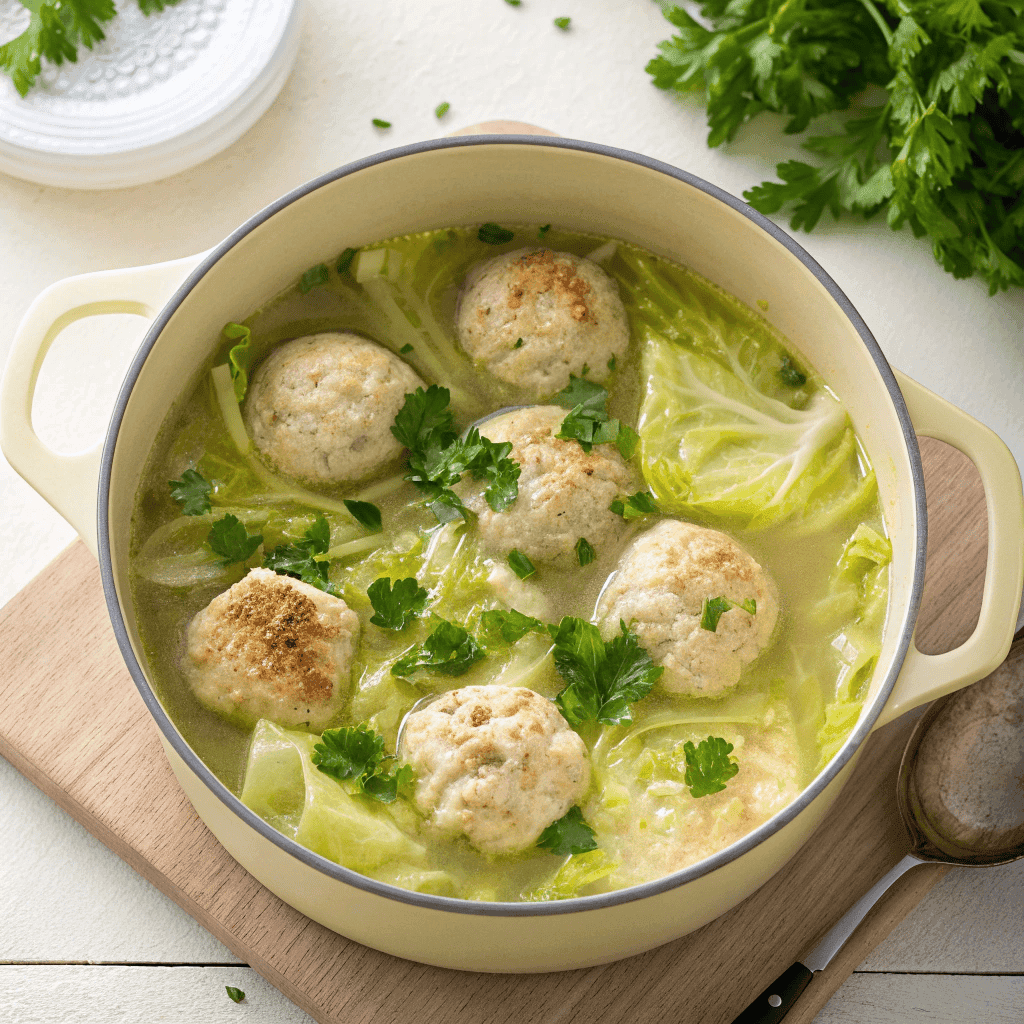 German cabbage and dumplings simmered in broth with parsley in a rustic pot