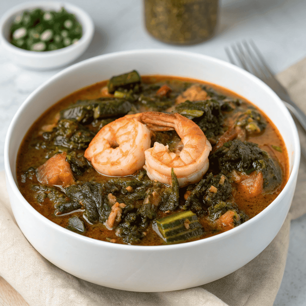 Hero shot of Nigerian okra soup in a white bowl showing thick glossy stew with whole shrimp and green vegetables.