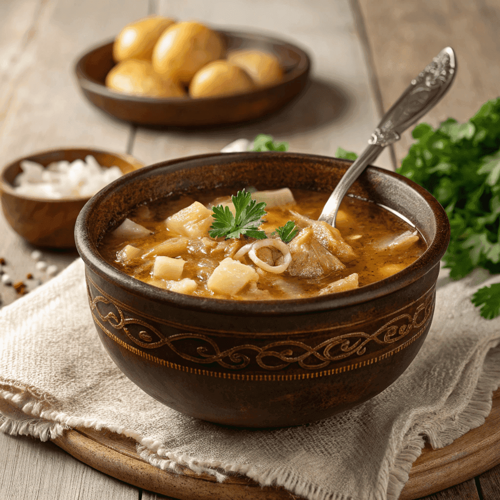 Hero shot of traditional tripe soup with golden broth, tender tripe pieces, potatoes, parsley garnish, and a spoon in a rustic bowl.
