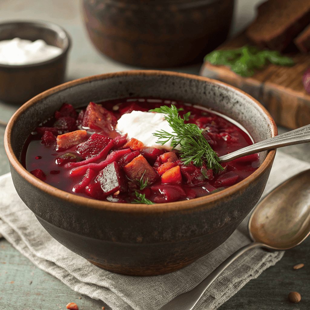 Hero shot of Ukrainian borscht in a dark ceramic bowl with beet-red broth, sour cream topping, fresh dill, and visible vegetables.