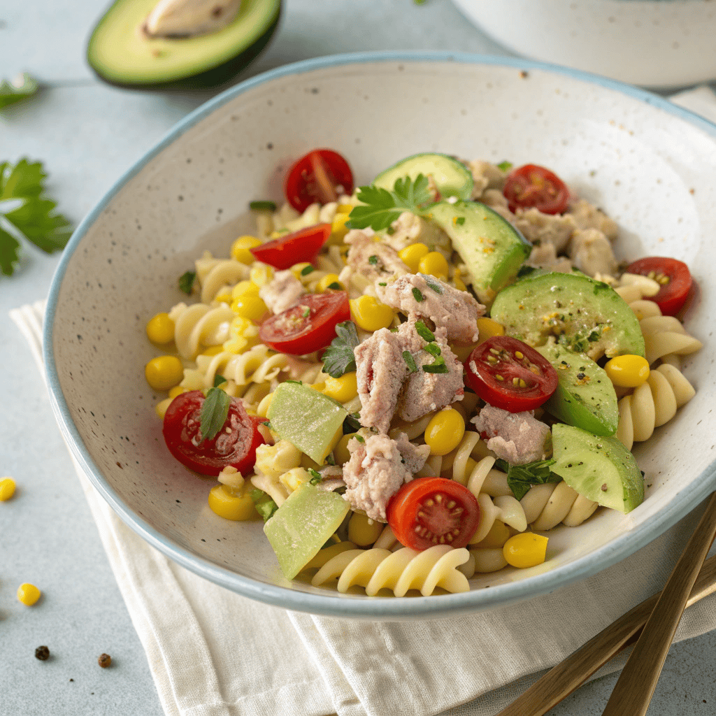 Hero shot of tuna pasta salad with shell pasta, flaked tuna, avocado, cherry tomatoes, corn, and creamy dressing in a ceramic bowl.