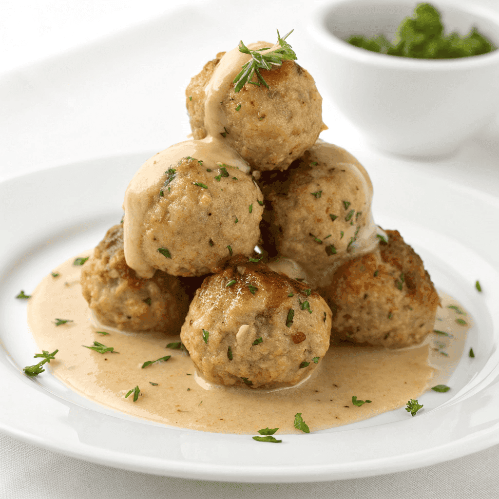 Turkey stuffing balls topped with creamy gravy and garnished with fresh parsley on a white plate