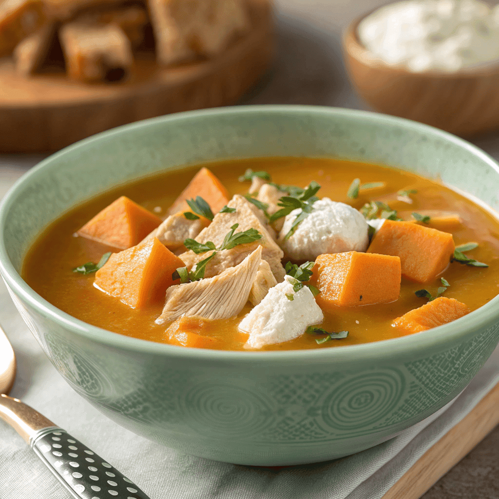 Turkey sweet potato soup with rice, ground turkey, orange broth, and green onion garnish