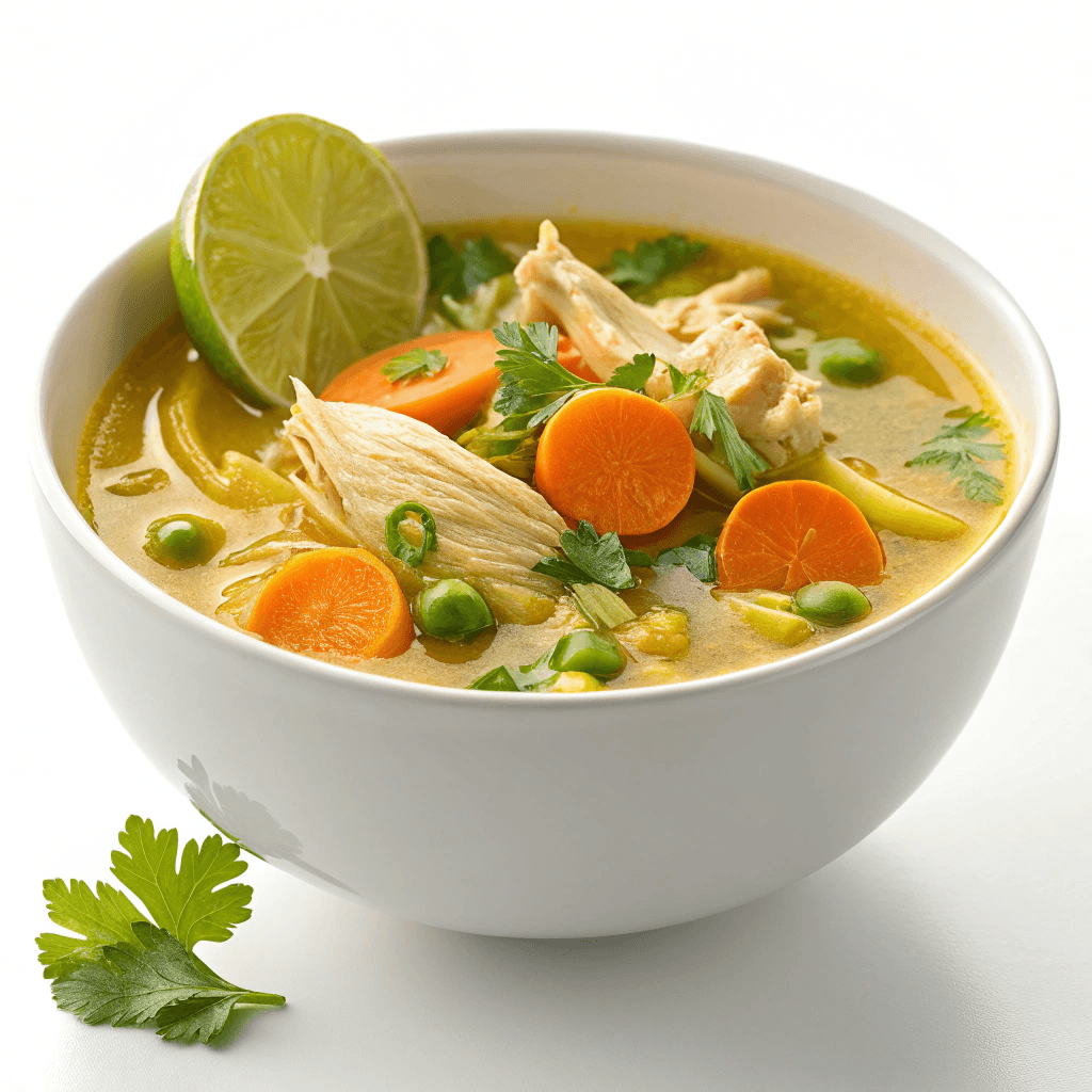 Easy Turmeric Chicken Soup – Healing Comfort in Every Bowl 1 Turmeric chicken soup with bright yellow broth, shredded chicken, vegetables, and herbs served in a white bowl.